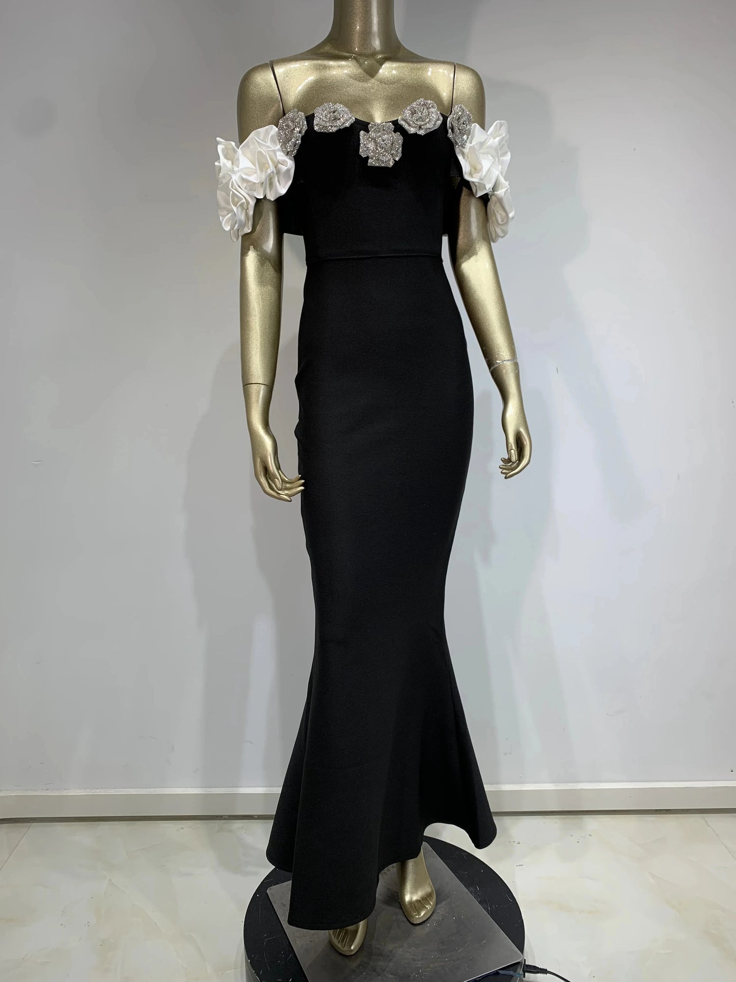 Floral Bardot Maxi Dress Black White HV1469