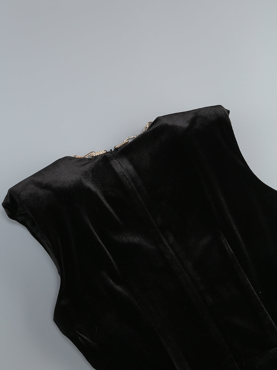 Crystal Chain Maxi Velvet Dress Black