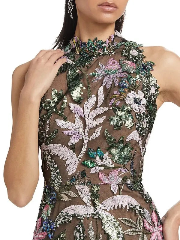 Floral Embroidered Sequin Dress Green Pink HV1600