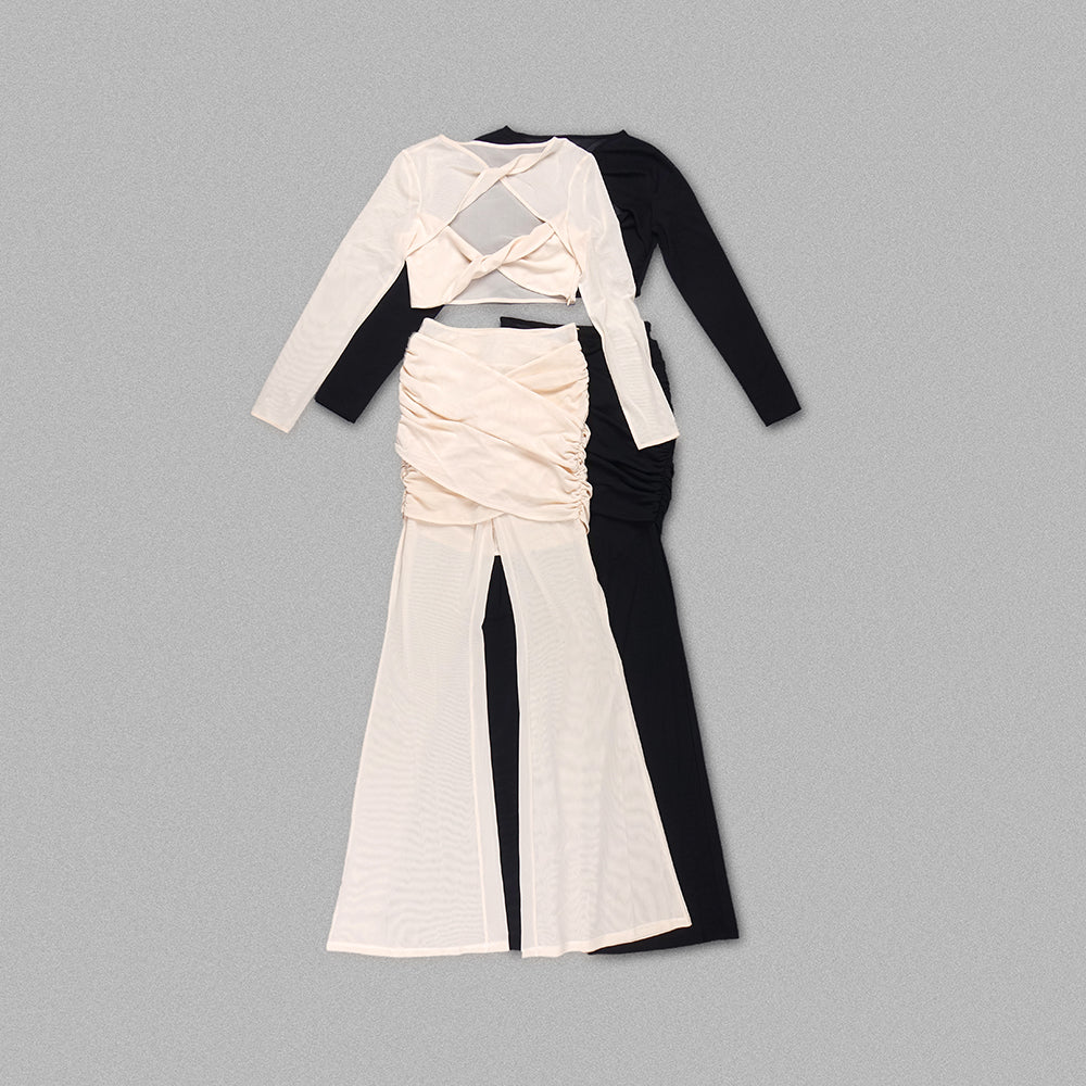 Long Sleeve Draped Two Piece Jumpsuit Nude HV1125