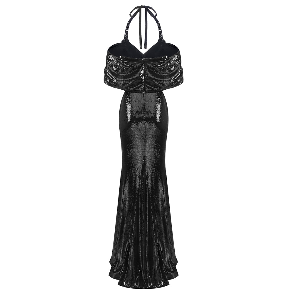Halter Bardot Pearl Sequin Maxi Dress Black HV2082