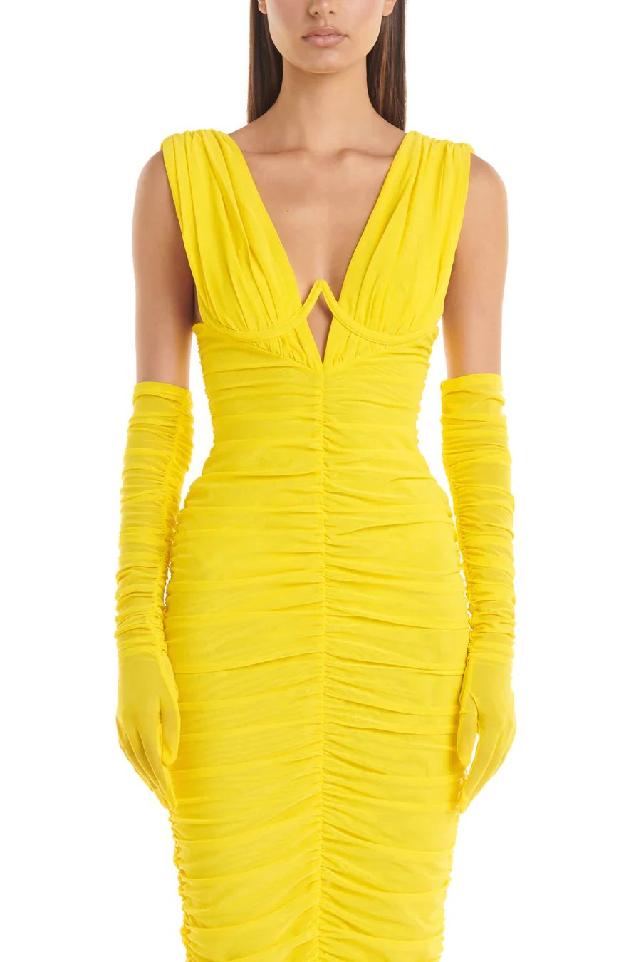 Plunge V Neck Ruched Maxi Dress Yellow HV9828