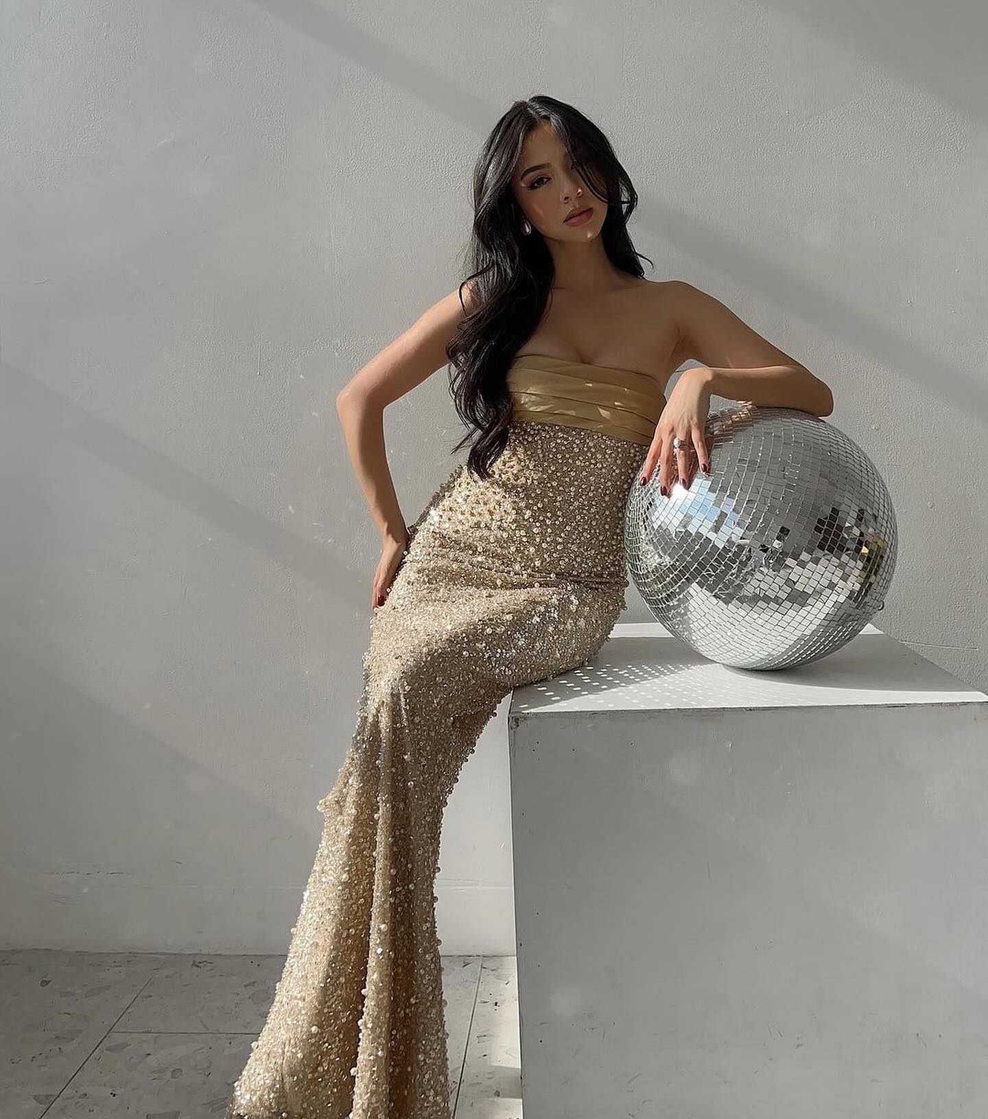 Strapless Pearl Sequin Maxi Dress Gold HV1519