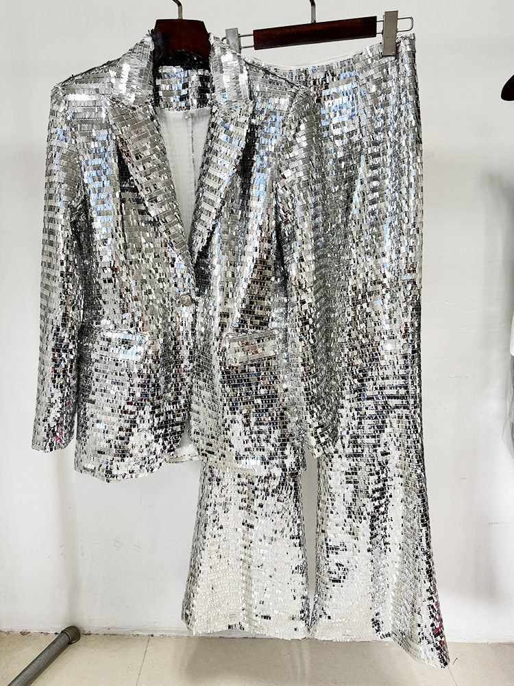 Long Sleeve Mirrored Sequin Suit Silver