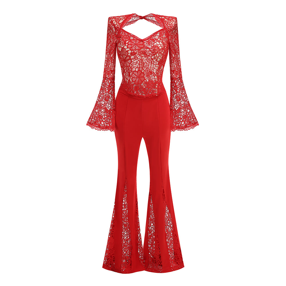 Long Sleeve Crochet Two Piece Jumpsuit Red