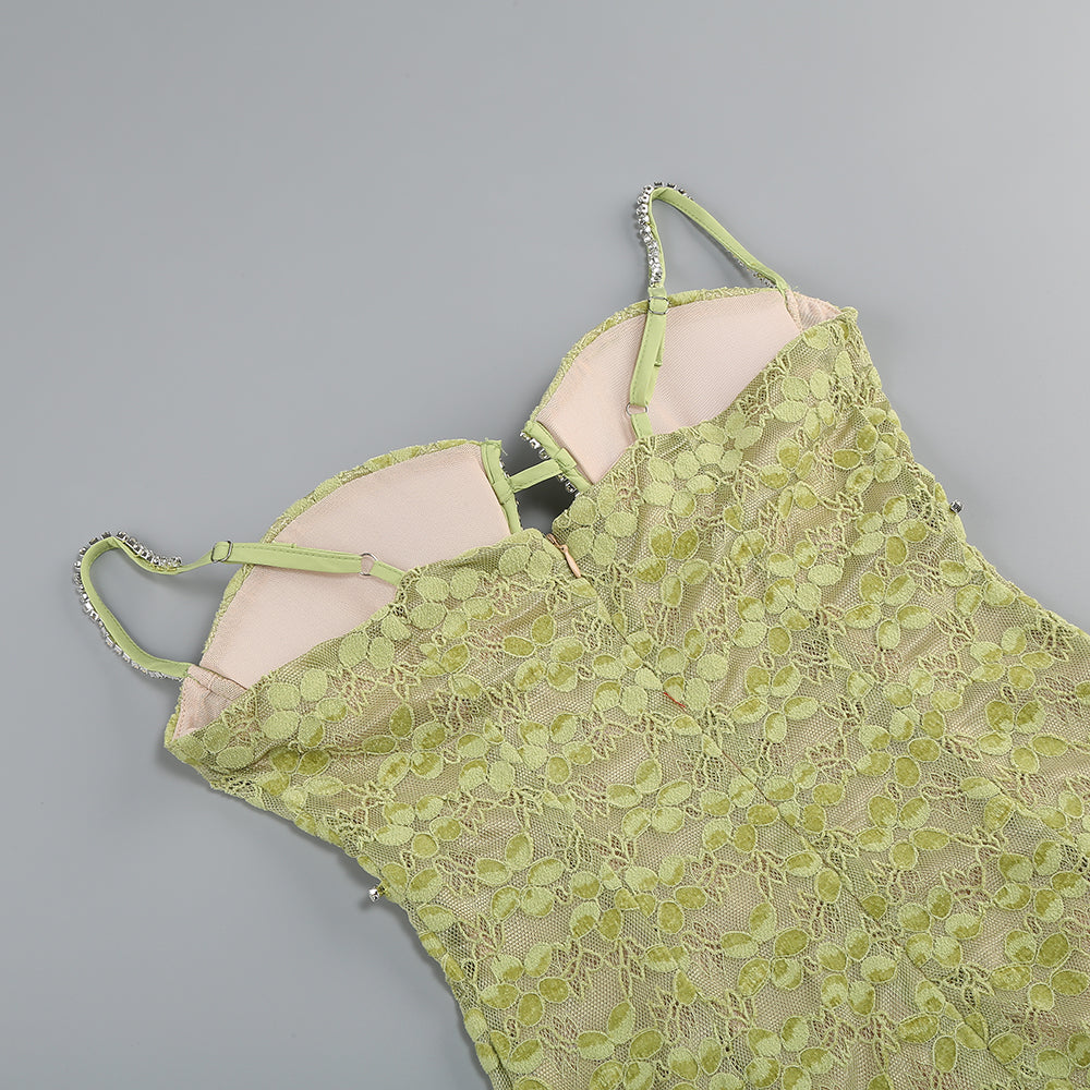 Crystal Bustier Lace Midi Dress Green HV1342