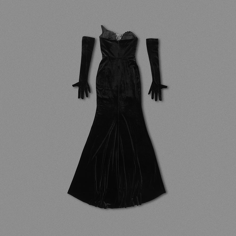 Strapless Crystal Mermaid Maxi Velvet Dress Black HV1763