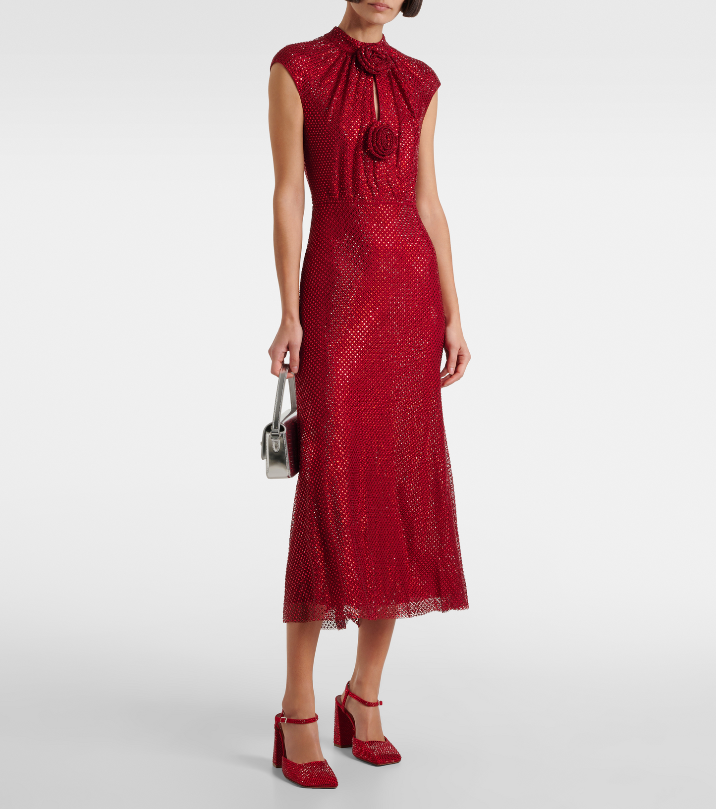 Floral Detail Sparkly Midi Dress Red HV2213