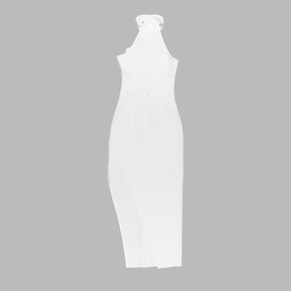 Halter Crystal Flower Detail Midi Dress White HV9743