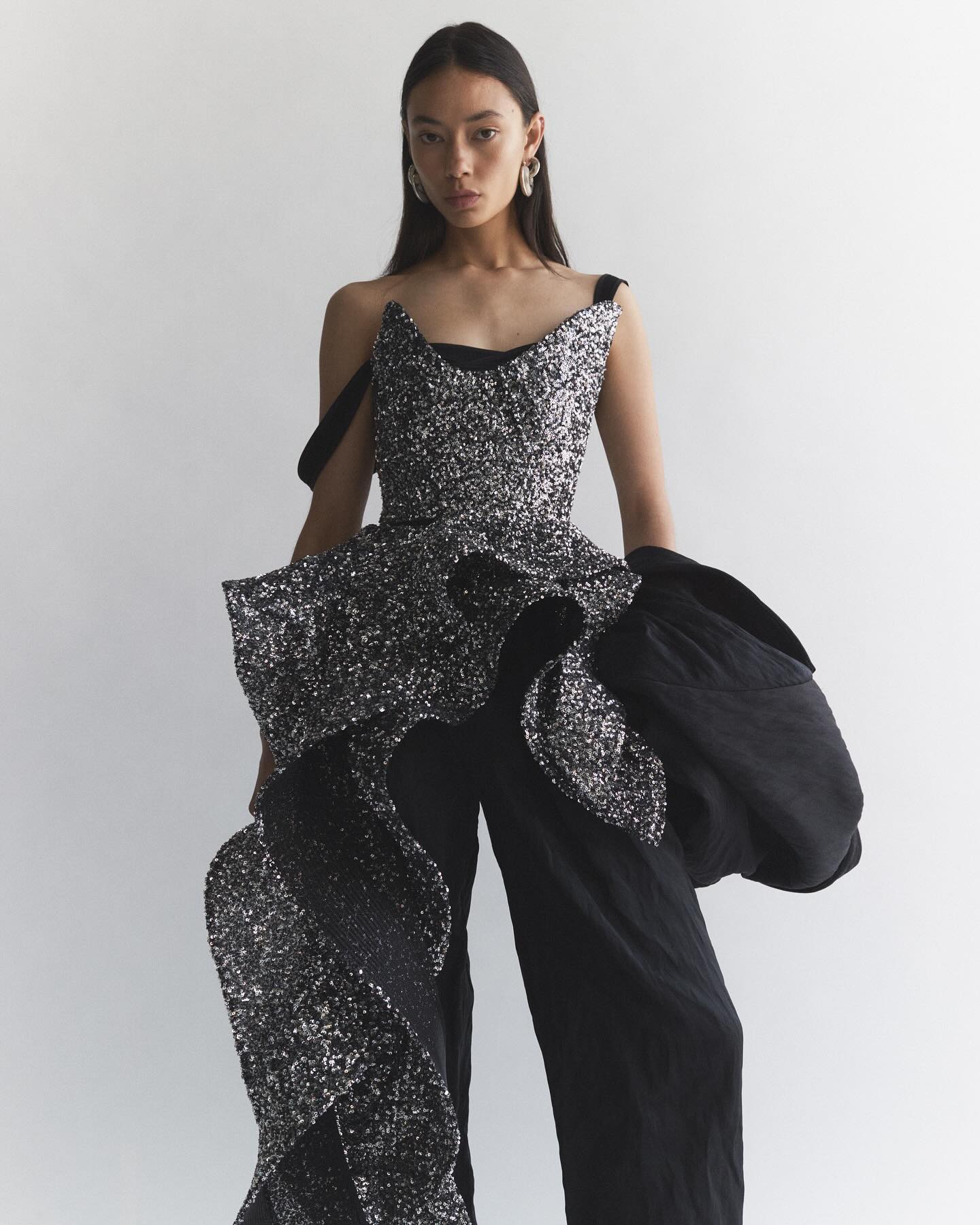 Strapless Sequin Ruffle Maxi Dress Silver HV2234