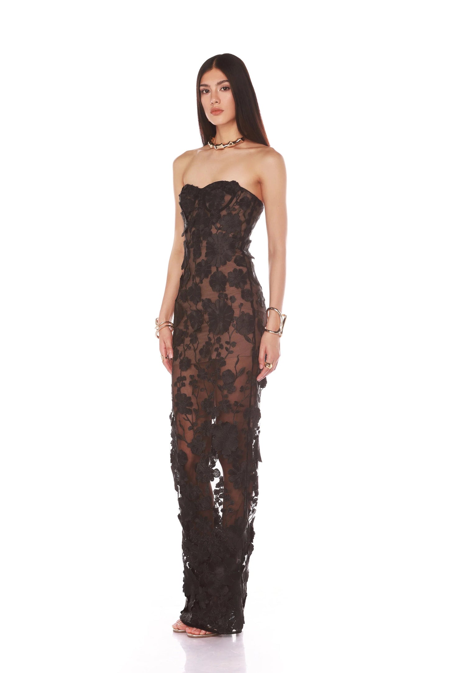 Strapless Floral Embroidered Maxi Dress Black HV2101