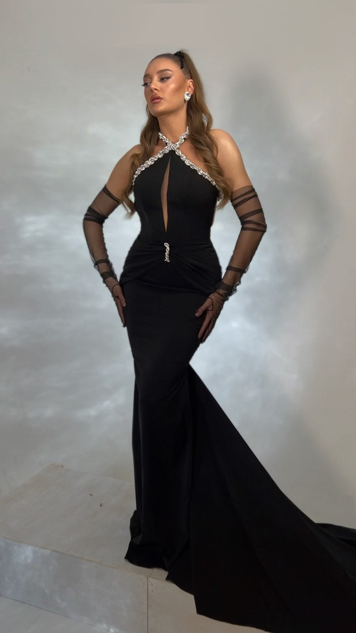 Halter Crystal Braid Maxi Velvet Dress Black HV1897