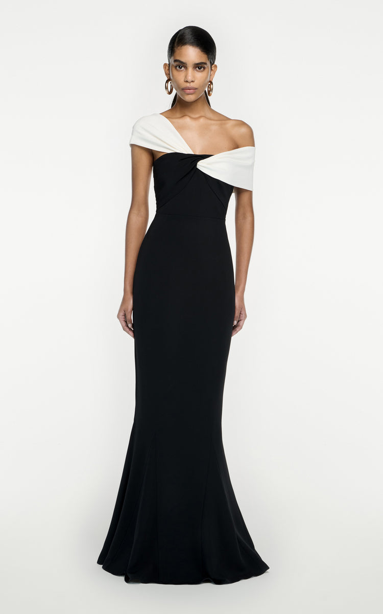 One Shoulder Draped Maxi Dress Black White HV9811