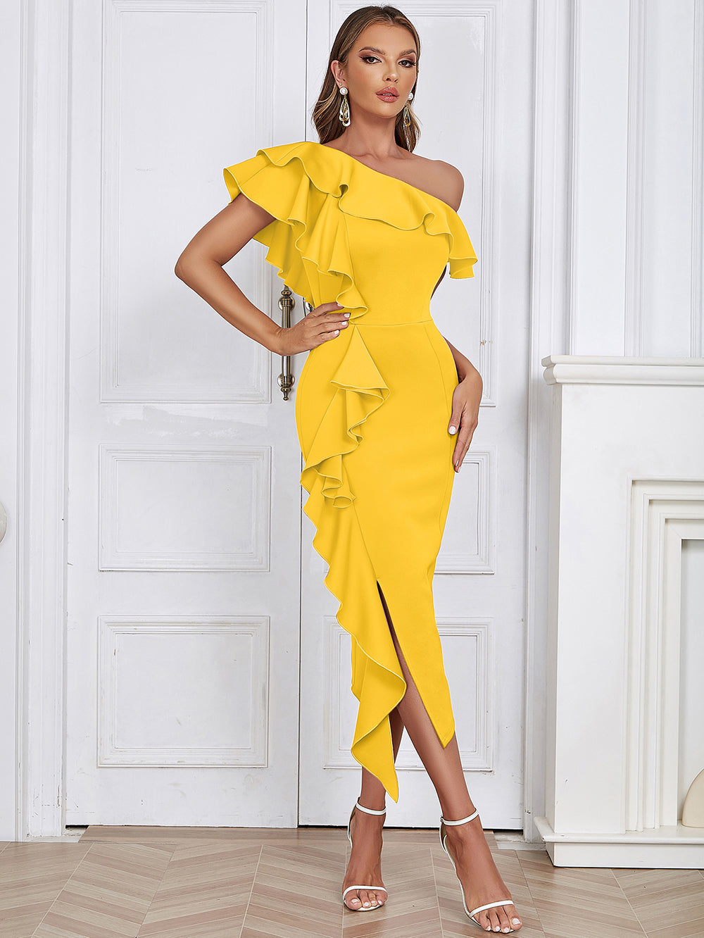 Off Shoulder Ruffle Midi Dress HV9649