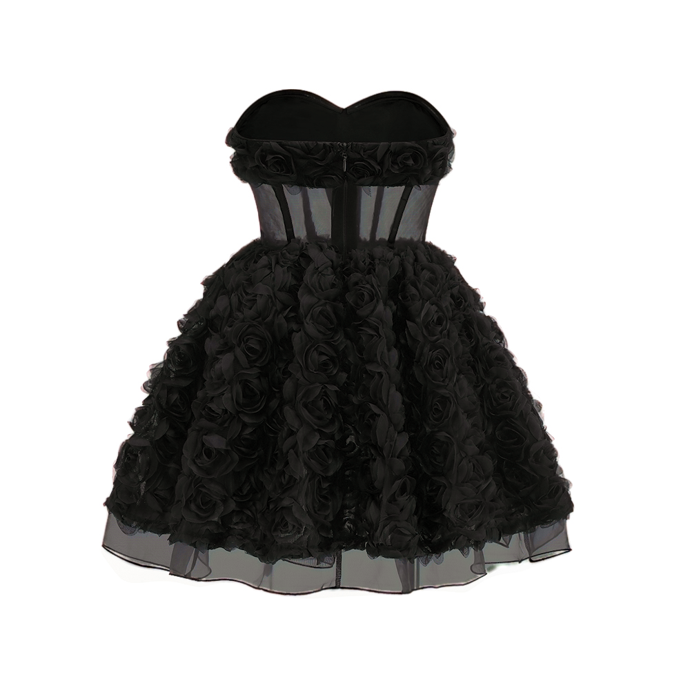 Strapless 3D Floral A Line Dress Black HV2156