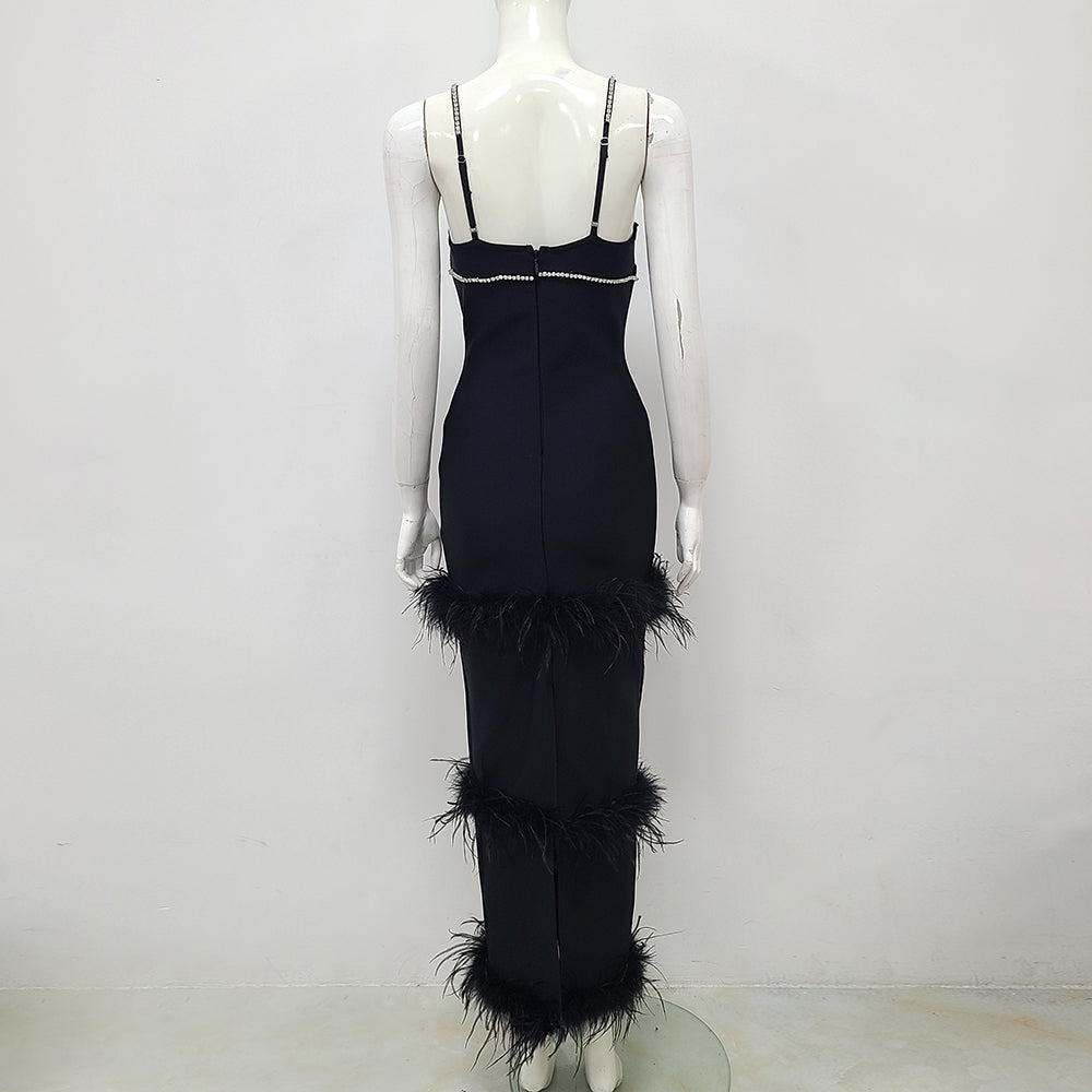 Crystal Trim Feather Detail Maxi Dress Black