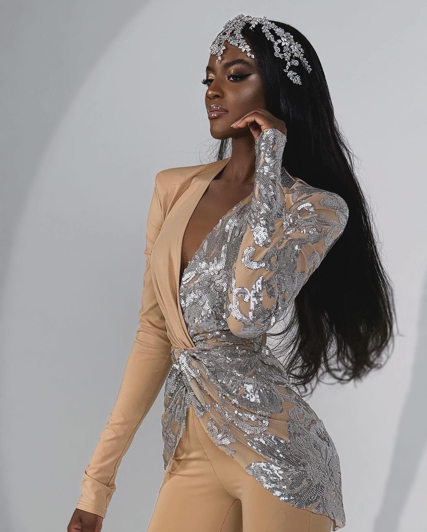 Long Sleeve Sequin Jumpsuit Sand Silver HV2059