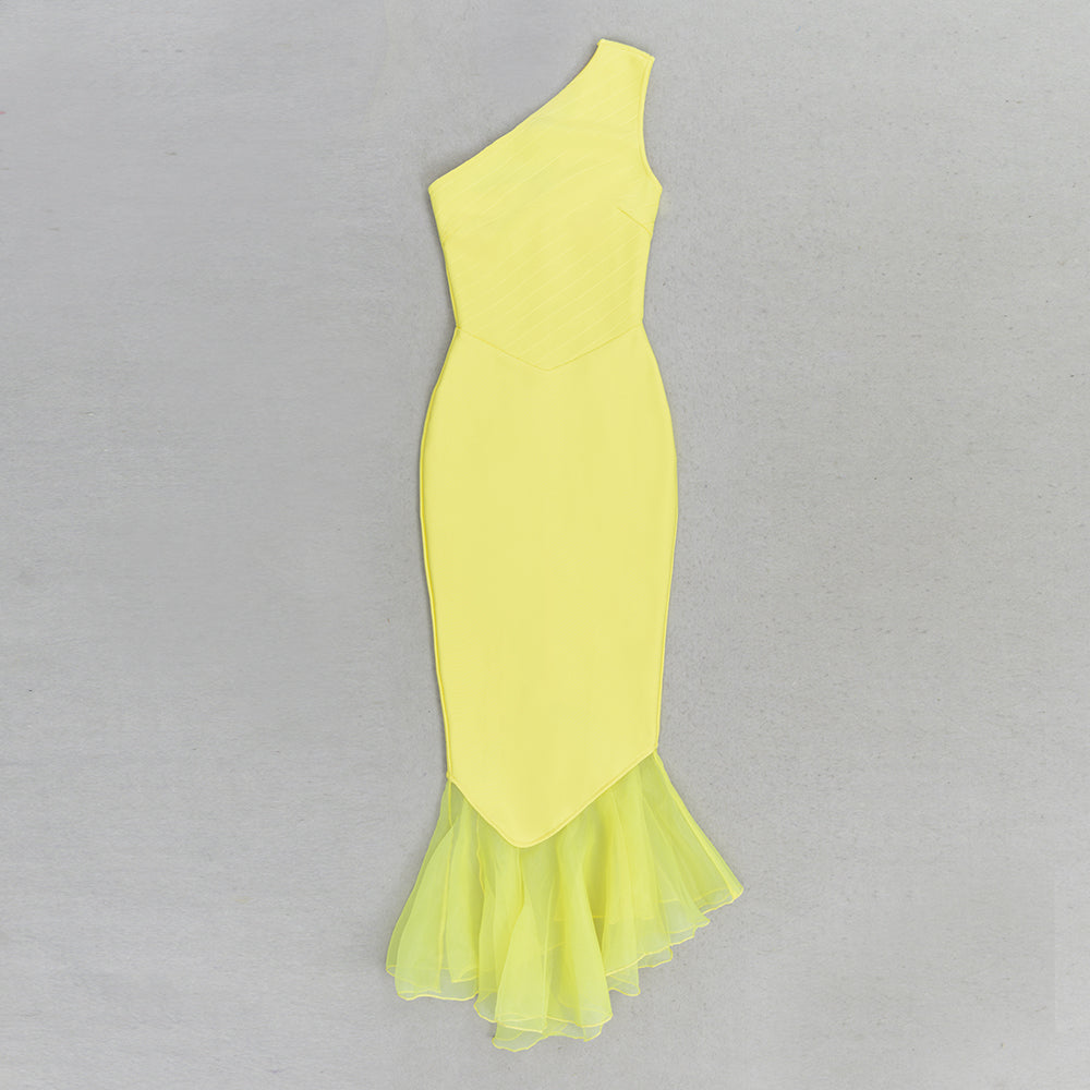 One Shoulder Mesh Ruffle Maxi Dress Yellow HV9611