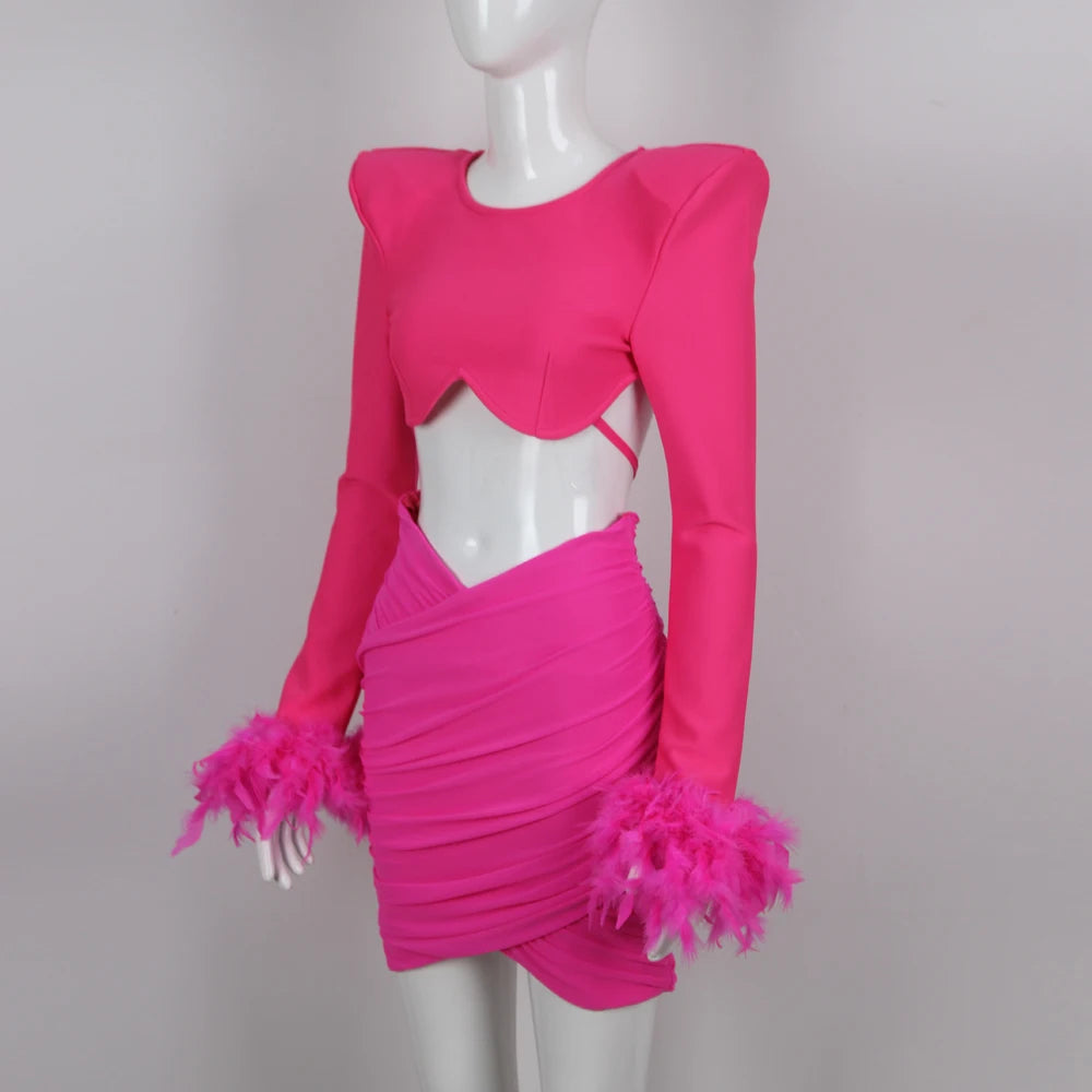 Long Sleeve Feather Draped Two Piece Dress HV9228