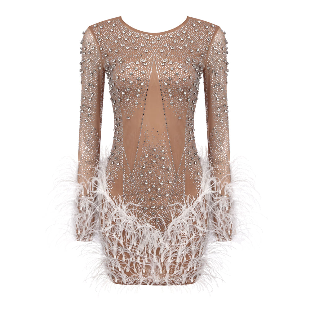 Long Sleeve Crystal Feather Dress Nude White HV1931