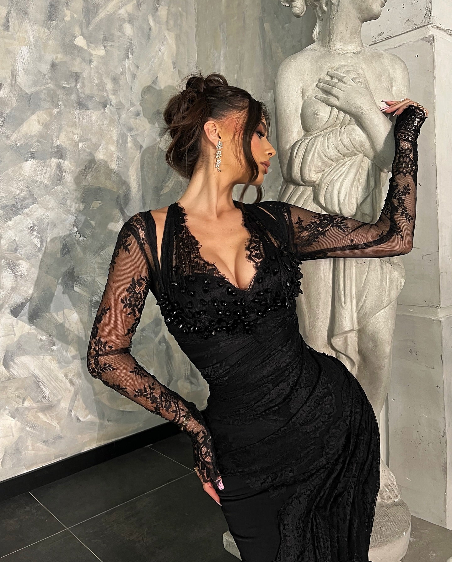 Long Sleeve Halter Sequin Lace Maxi Dress Black HV2231