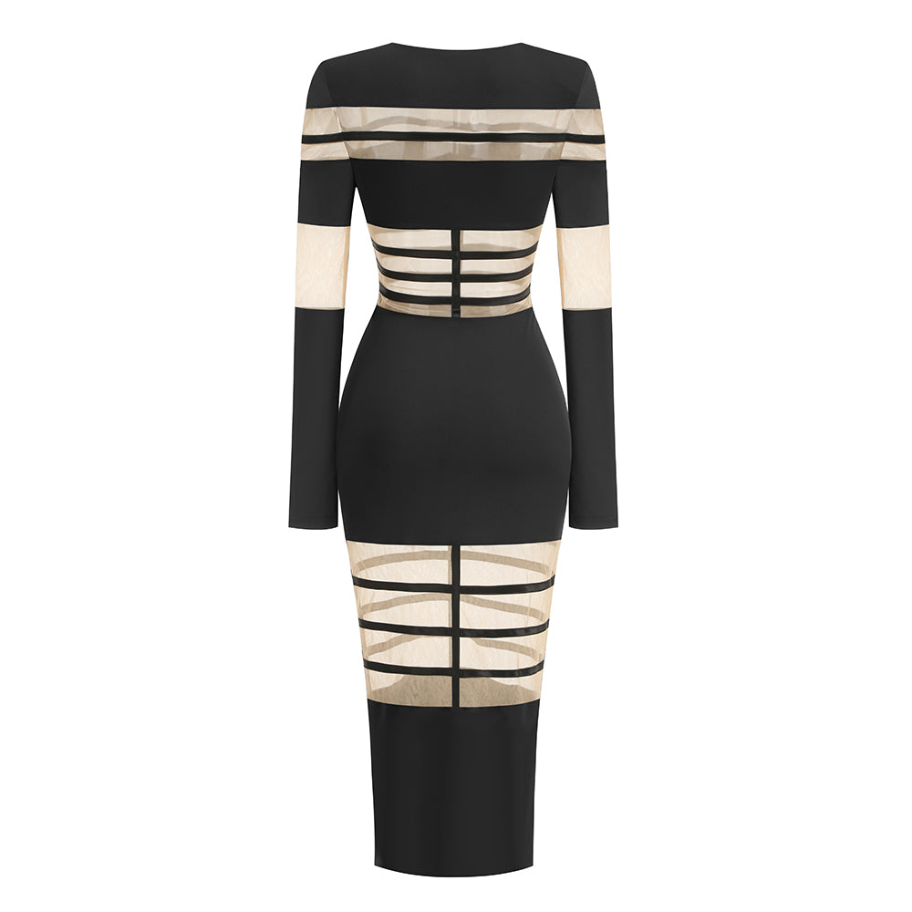 Long Sleeve Mesh Insert Midi Dress HV1502