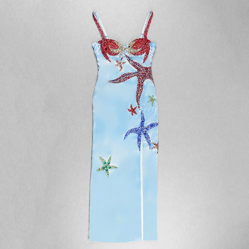 Crystal Bustier Starfish Detail Maxi Dress Blue HV7767