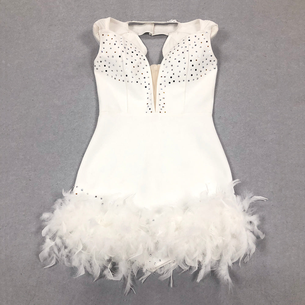 Crystal Embellished Feather Hem Dress White HV1471