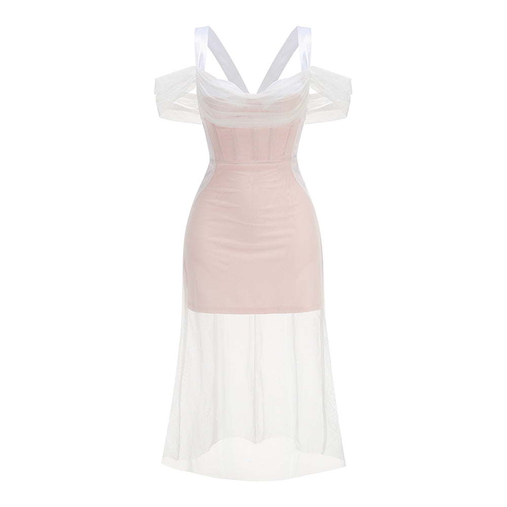 Draped Corset Midi Dress White Nude HV1900