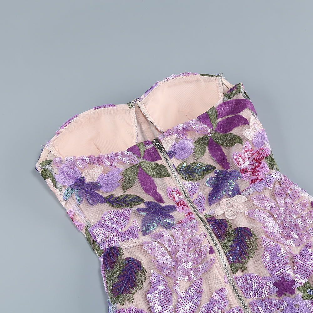 Strapless Floral Sequin Bustier Maxi Dress Lavender HV1373