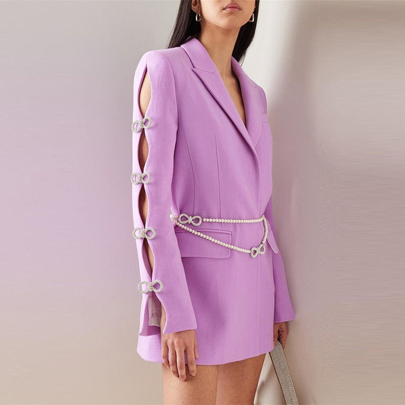 Long Sleeve Crystal Bow Blazer Dress Lavender