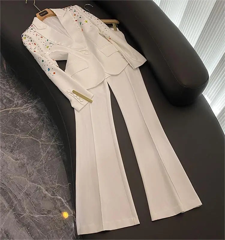 Long Sleeve Embellished Suit White