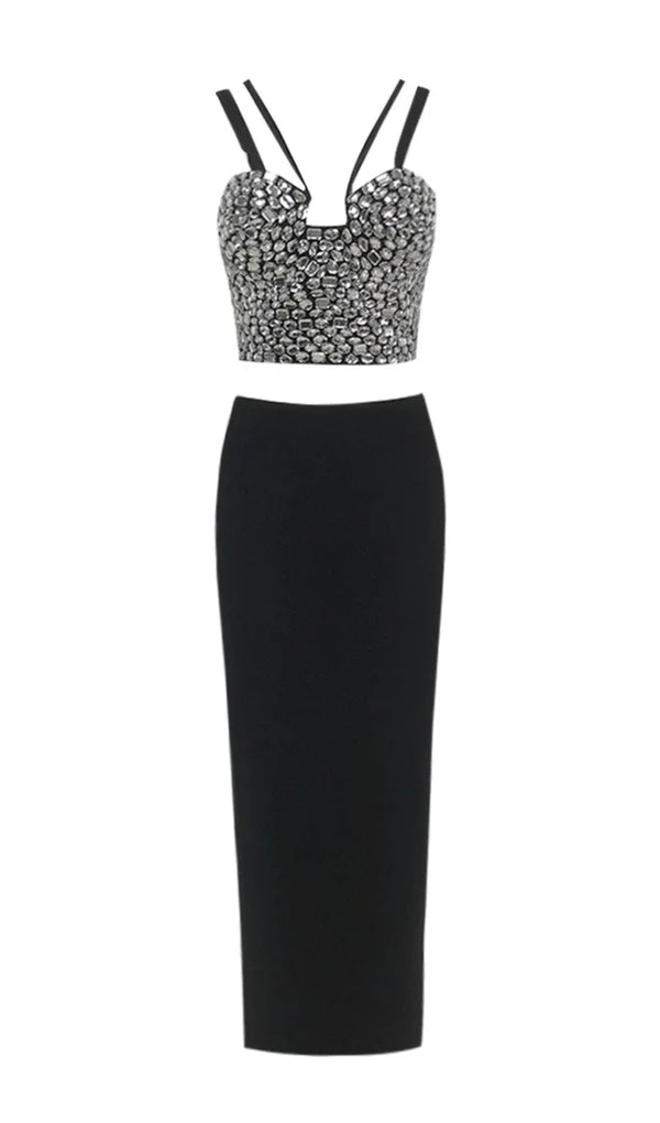Crystal Bustier Two Piece Maxi Dress Black HV1426