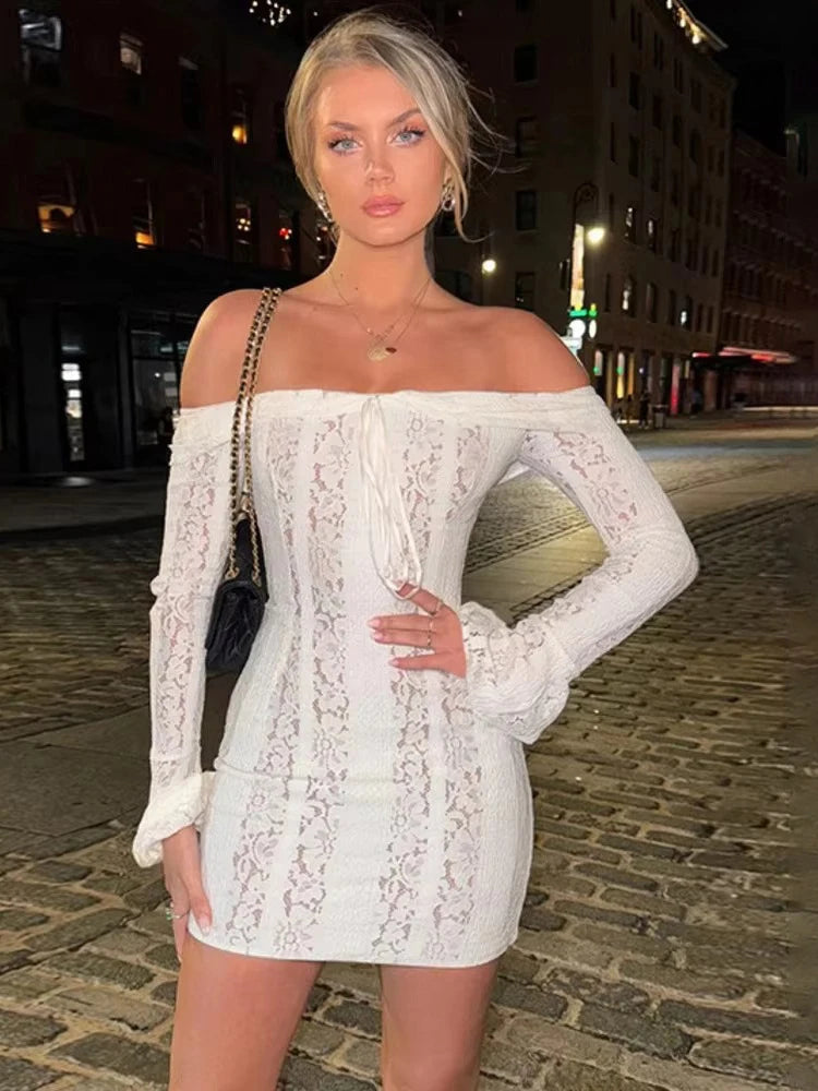 Long Sleeve Bardot Lace Insert Dress White