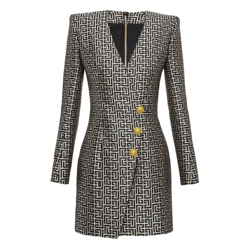 Long Sleeve Button Blazer Dress Black White