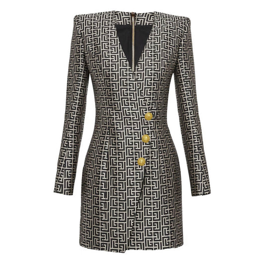 Long Sleeve Button Blazer Dress Black White