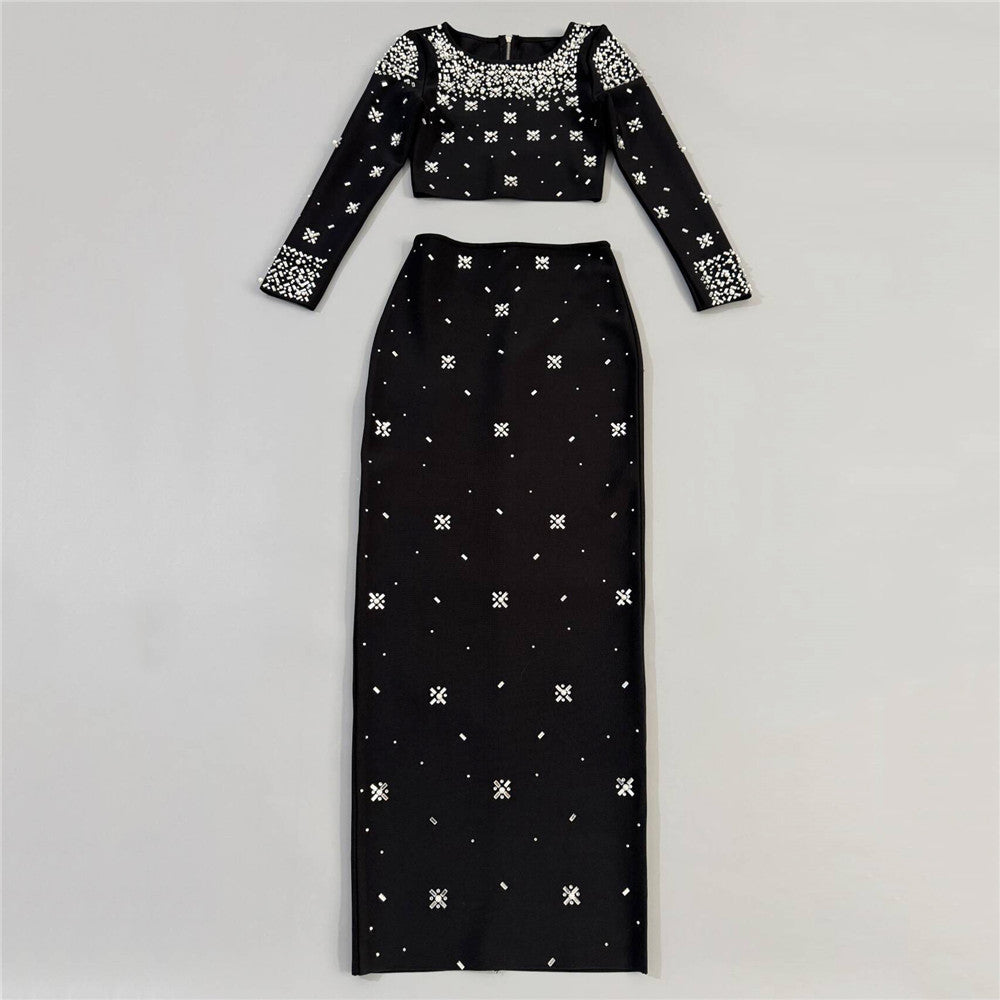 Long Sleeve Crystal Embellished Two Piece Maxi Dress HV3098