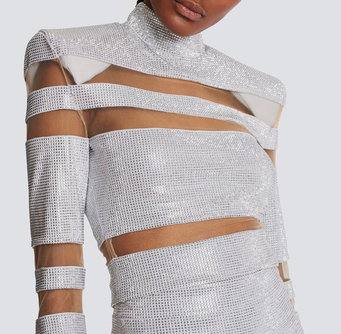 Long Sleeve Studded Mesh Two Piece Dress HV1939
