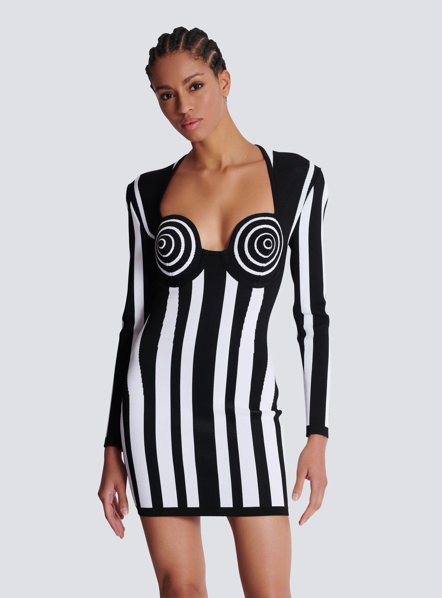 Long Sleeve Bustier Striped Dress Black White HV1805