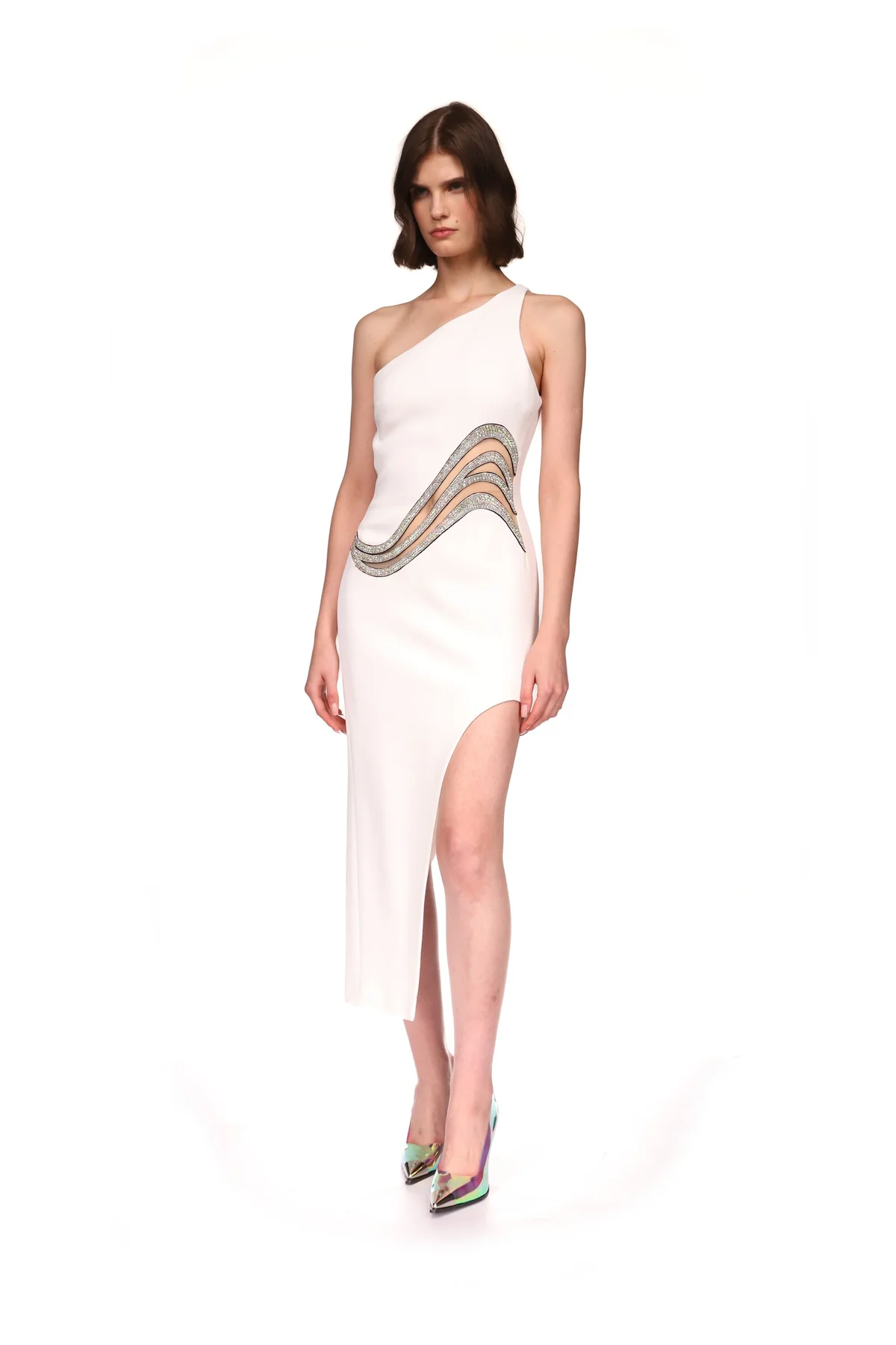 One Shoulder Embellished Maxi Dress White HV9265