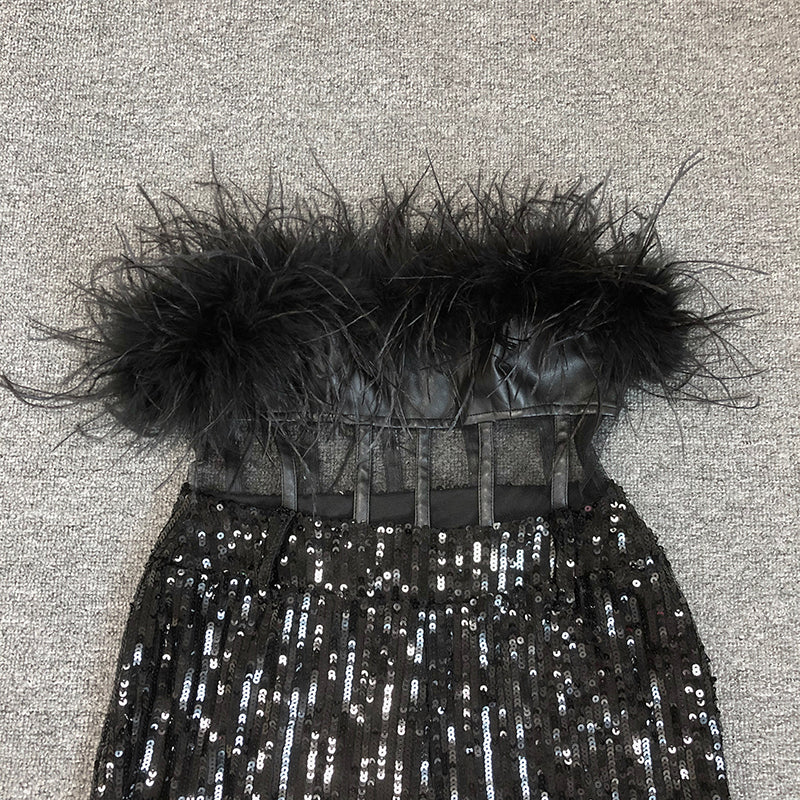Strapless Feather Sequin Jumpsuit Black HV1549