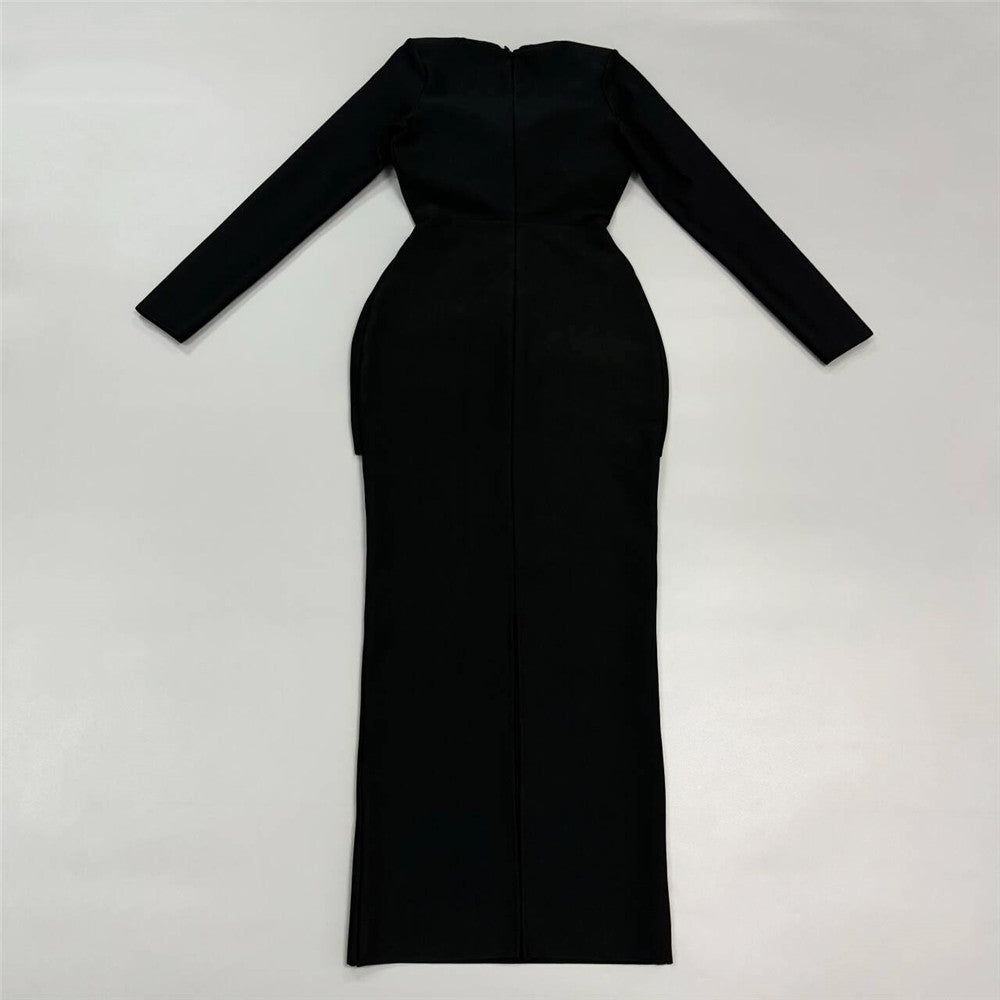 Long Sleeve Crystal Bustier Draped Maxi Dress Black HV2005