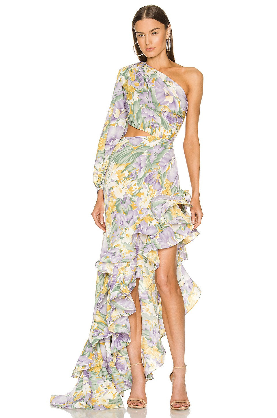 One Sleeve Floral Ruffle Maxi Dress Lavender HV8641
