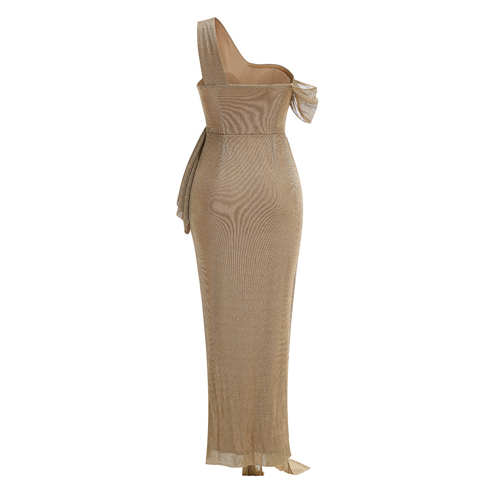 One Shoulder Draped Maxi Dress Gold Nude HV2070