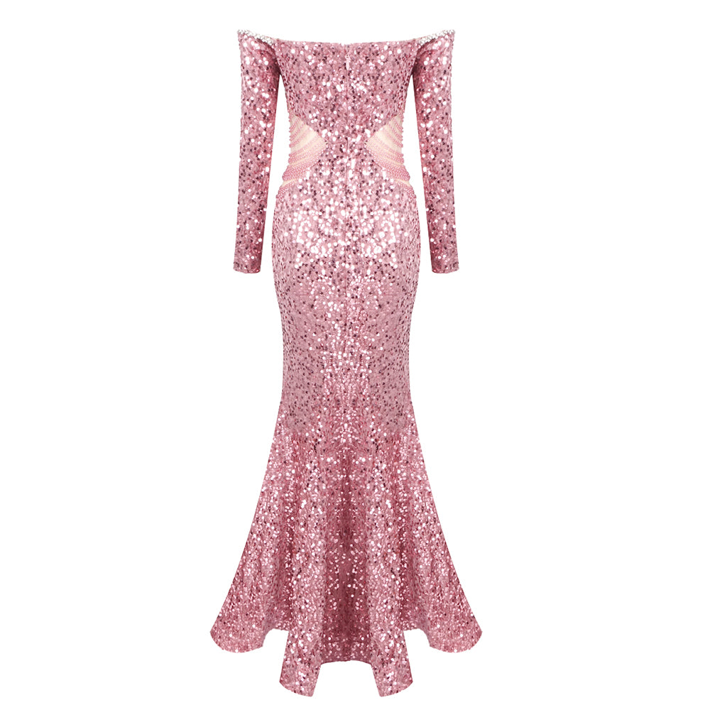 Long Sleeve Bardot Crystal Sequin Maxi Dress Pink HV2001