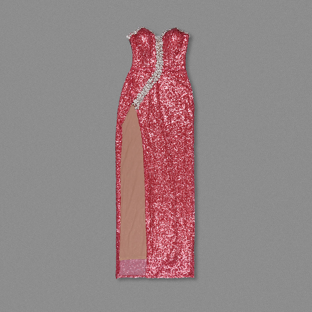 Strapless Crystal Sequin Maxi Dress Red HV1755
