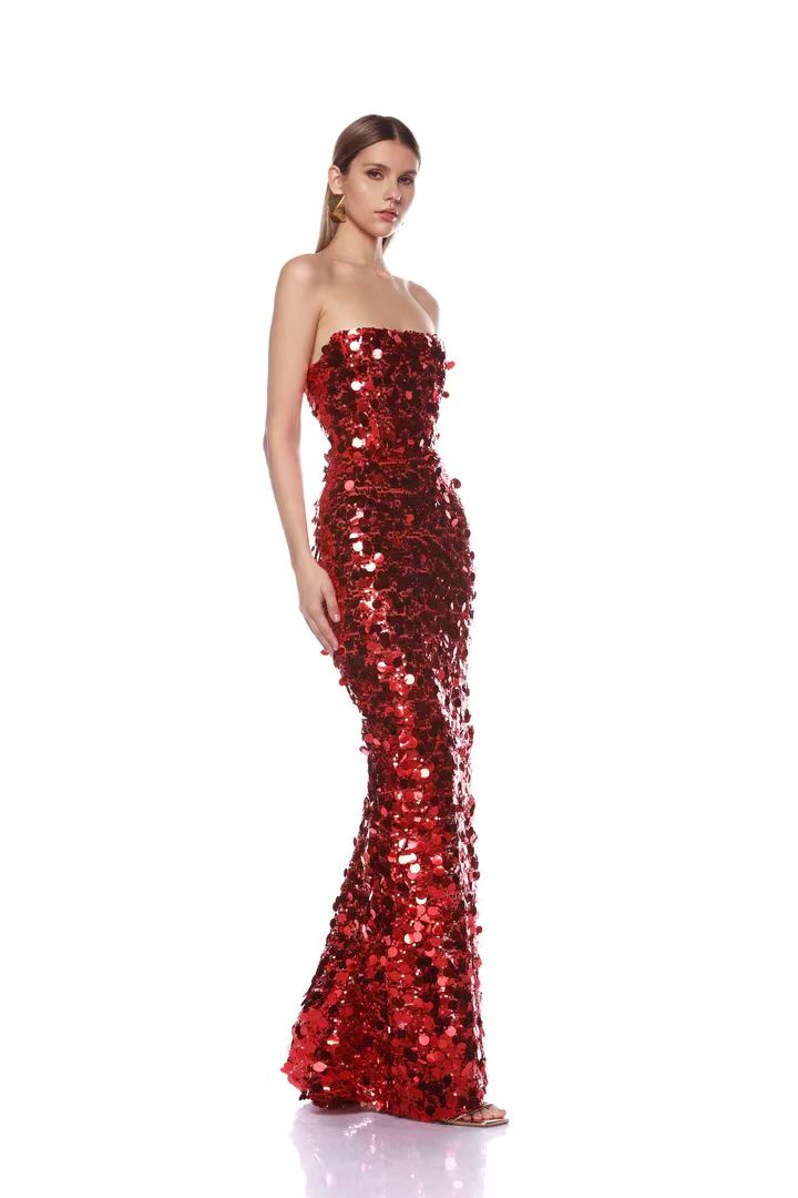 Strapless Big Sequins Maxi Dress Red BB505