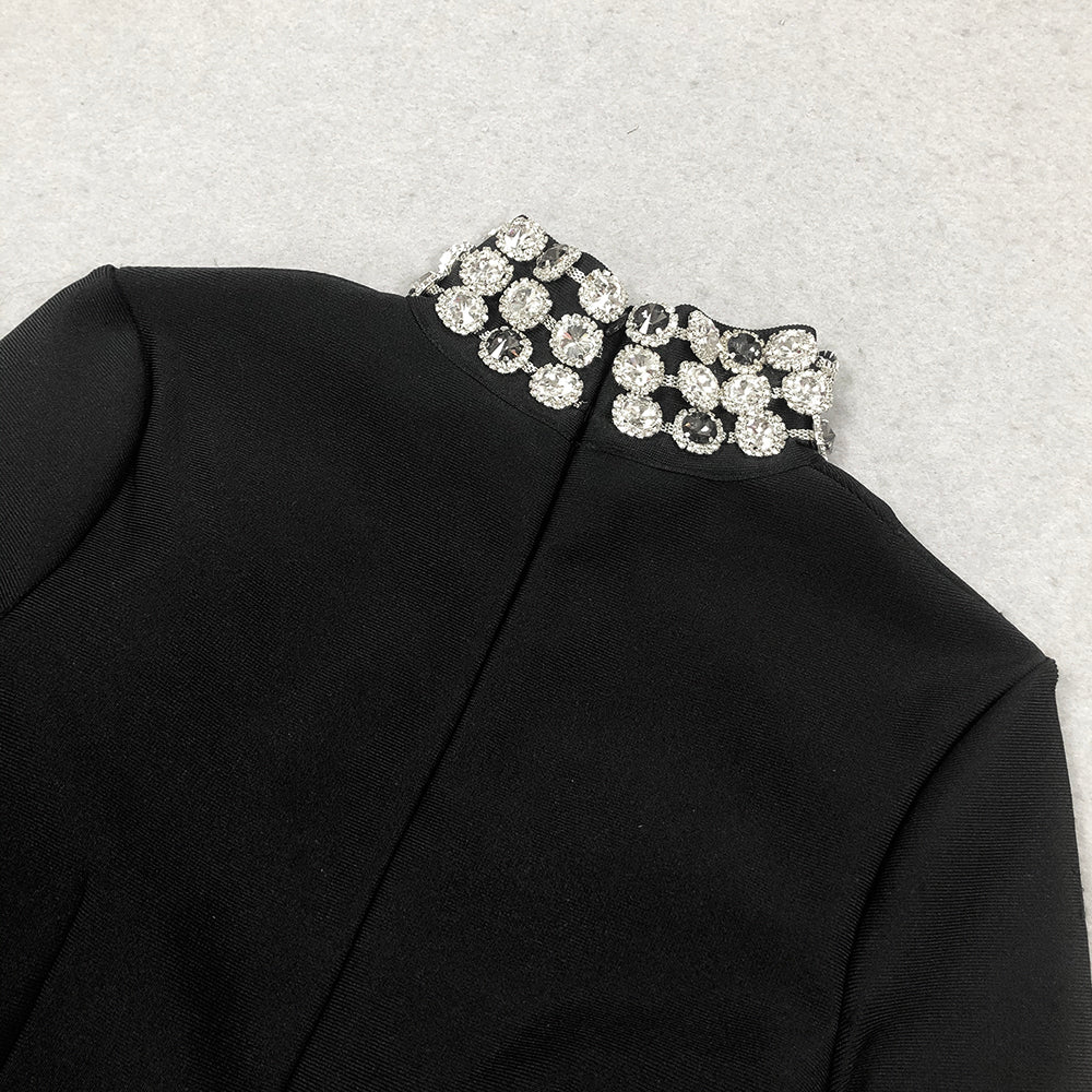 Long Sleeve Crystal Trim Detail Dress Black HV1665
