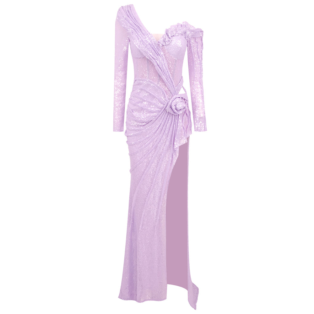 Long Sleeve Floral Sequin Maxi Dress Lavender HV1797