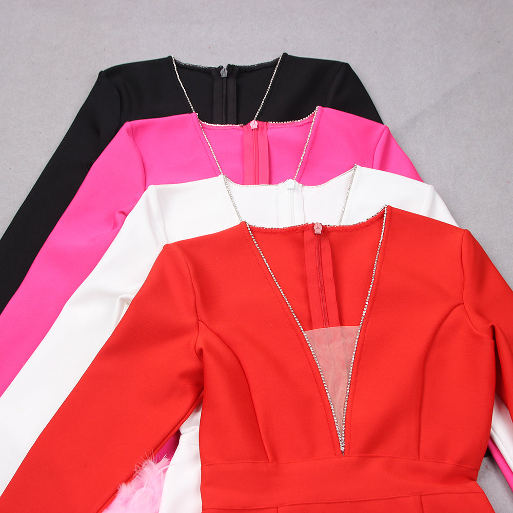 Long Sleeve Rhinestone Feather Dress HV9215